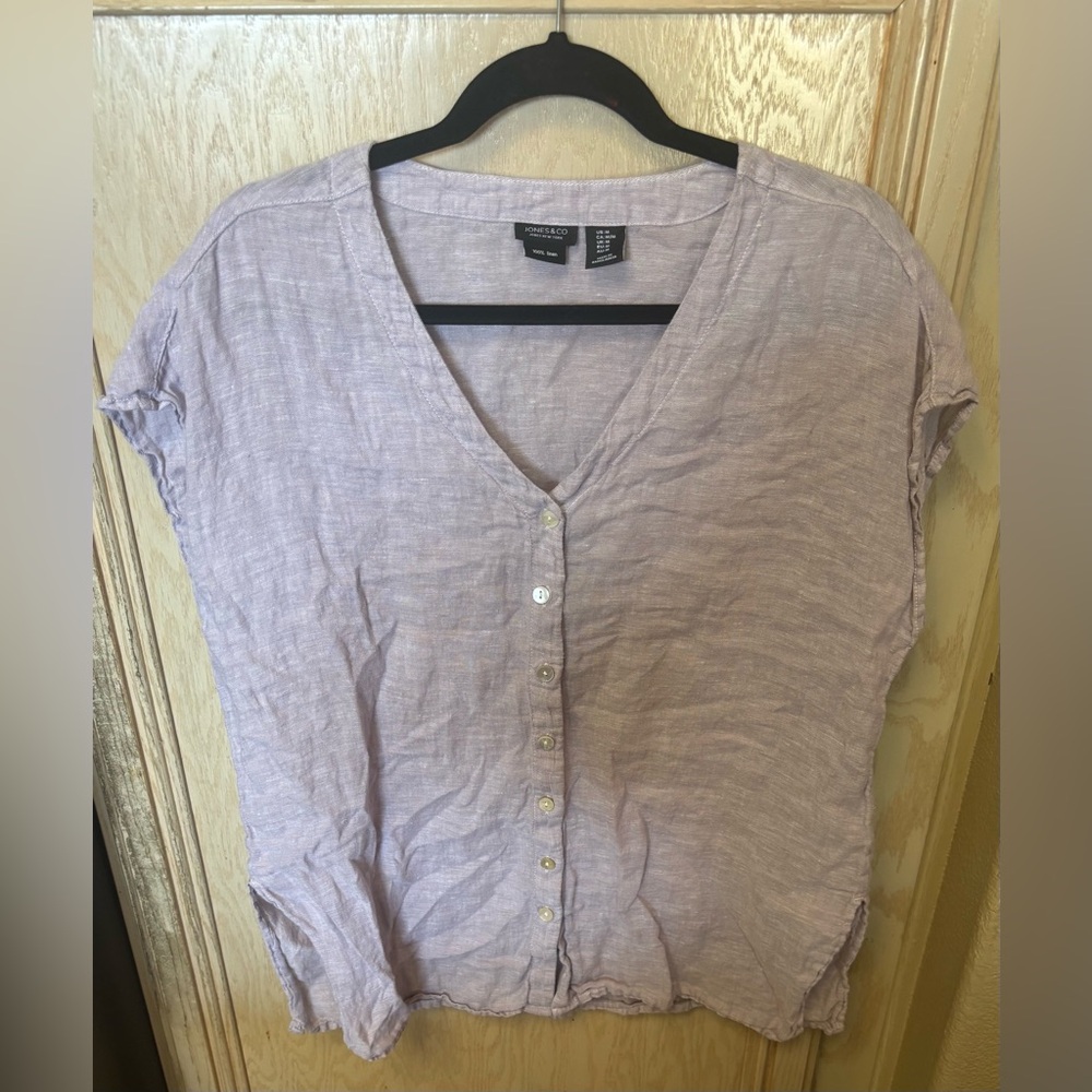 Jones & Co 100% Linen Button Up Shirt Womens Med Light Purple Cap Short‎ Sleeves